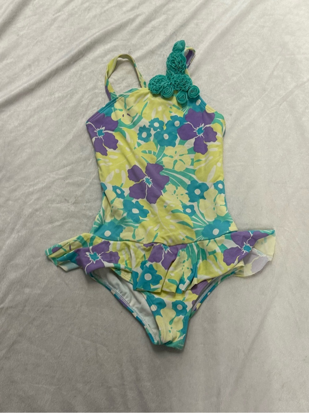 Lands' End Girls Floral One-Piece Swimsuit in Yellow, Teal & Purple
